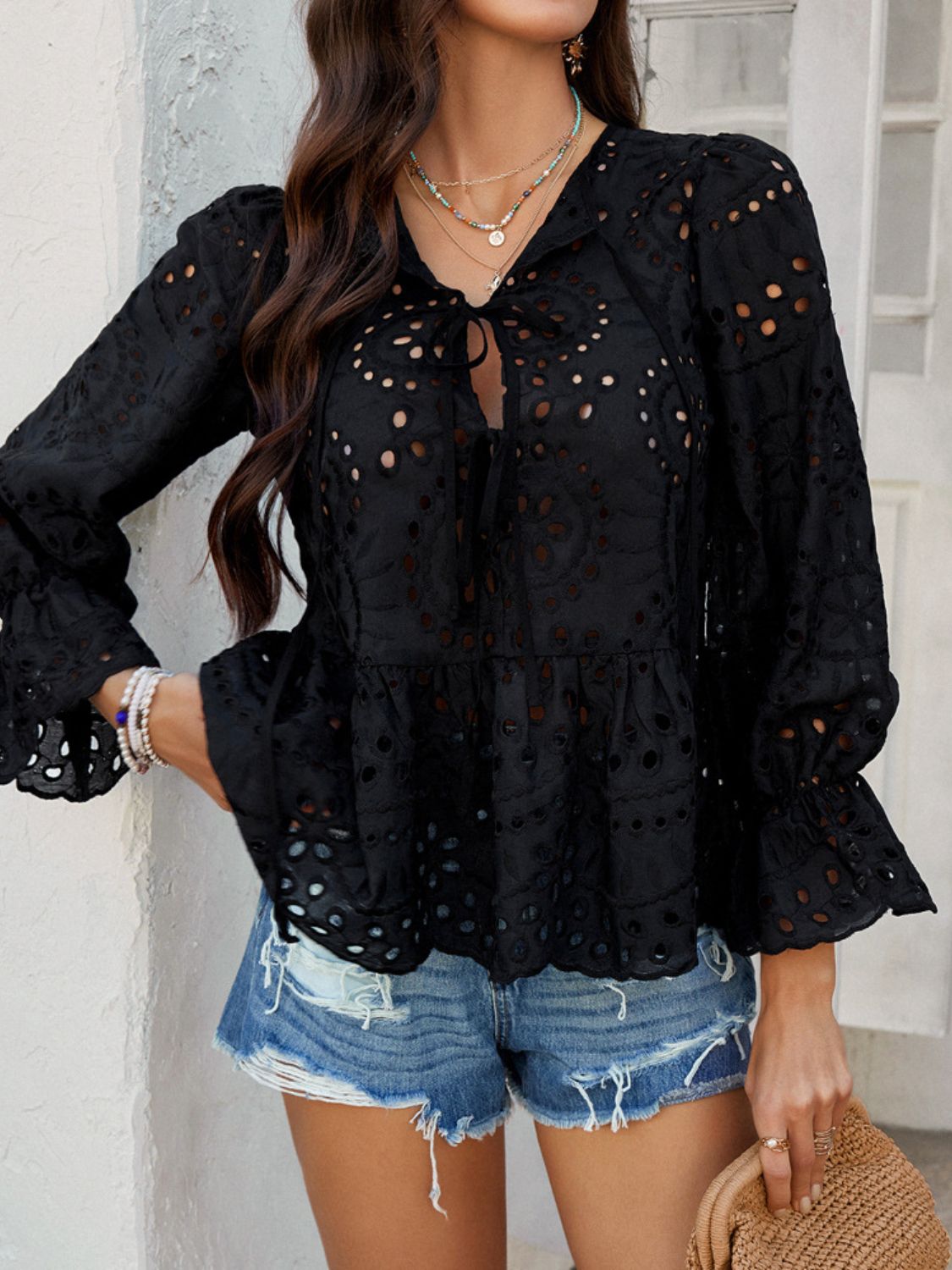 Devine Tie Front Flounce Sleeve Peplum Blouse - The Goddess Galleries
