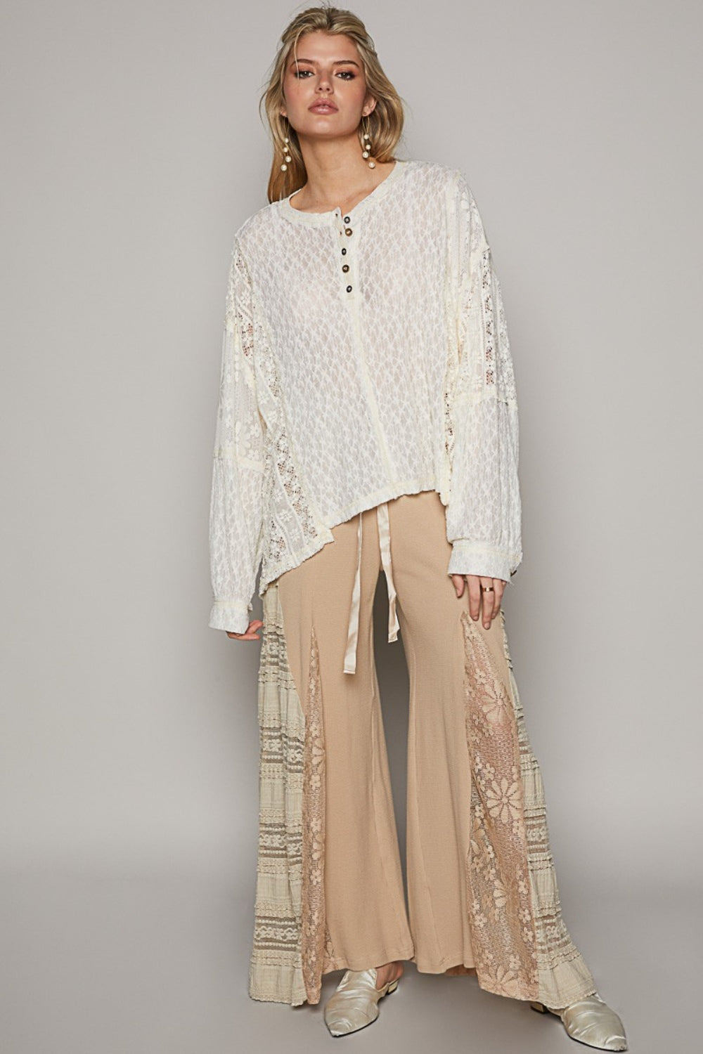 POL Round Neck Long Sleeve Raw Edge Lace Top - The Goddess Galleries