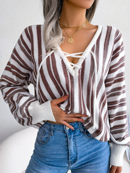 Striped Lace-Up Long Sleeve Sweater - The Goddess Galleries