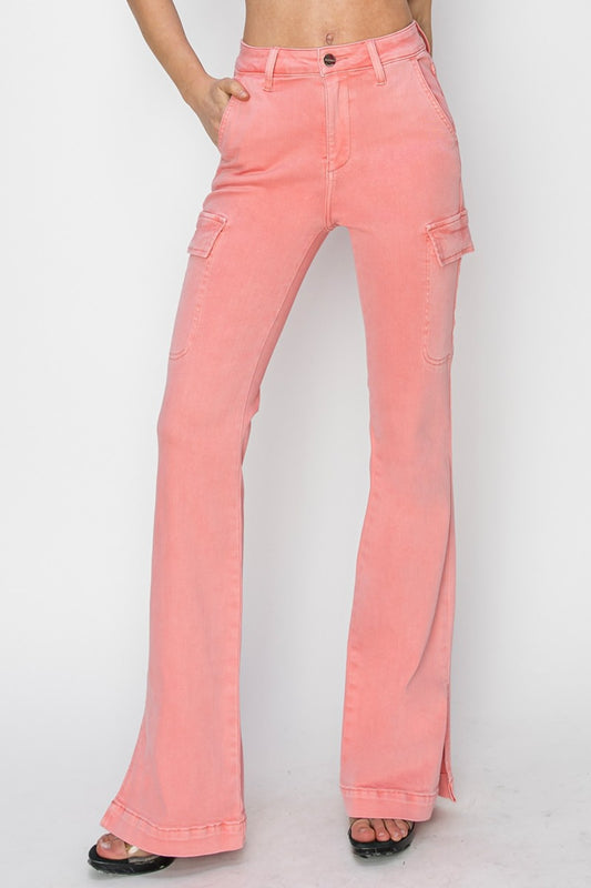 RISEN Full Size High Rise Side Slit Cargo Bootcut Jeans - The Goddess Galleries