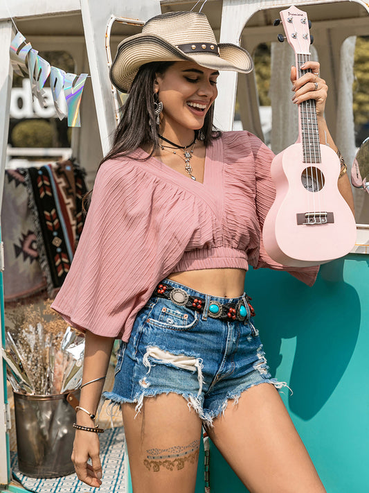 Textured V-Neck Crop Top - The Goddess Galleries