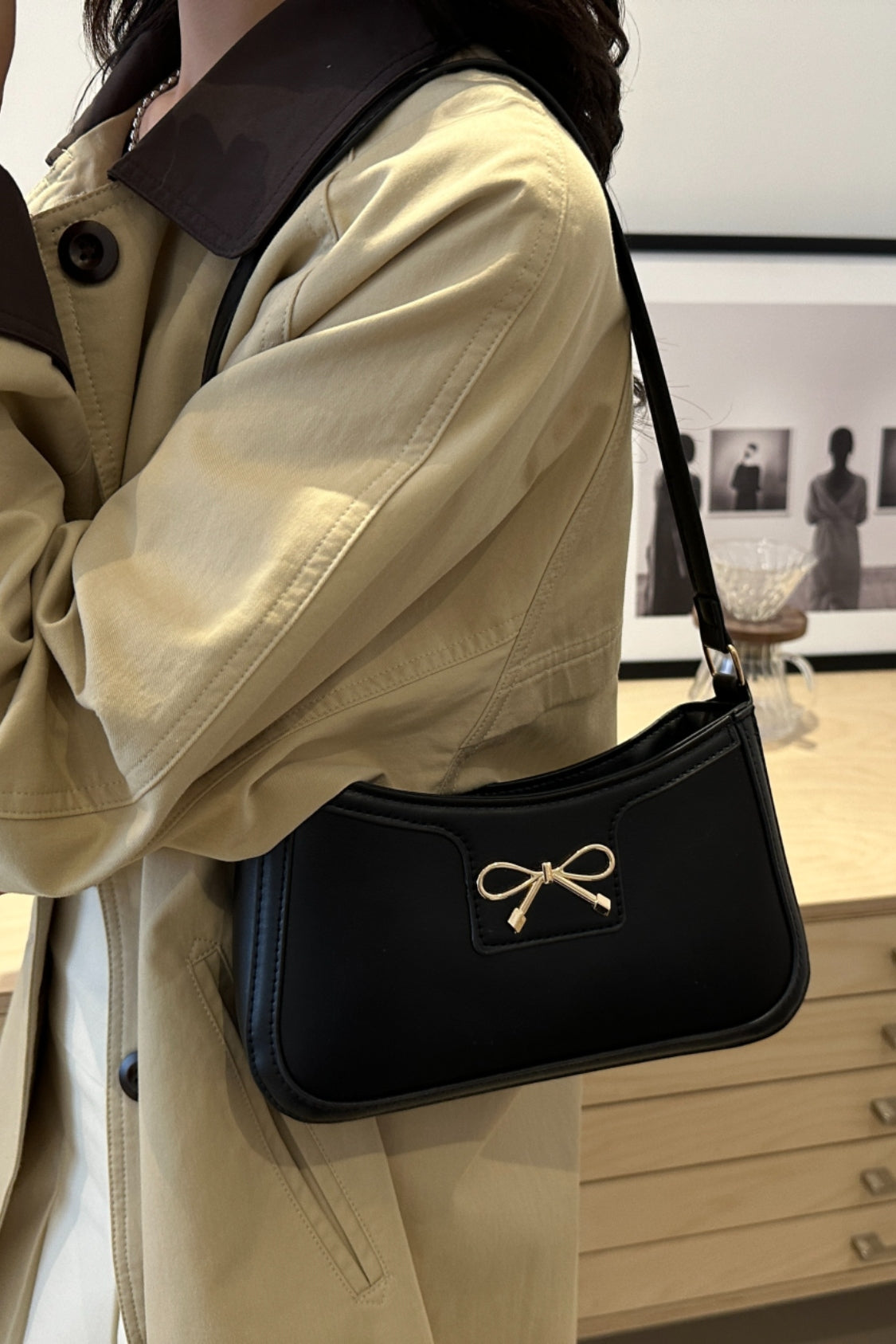 Bow Trim PU Leather Shoulder Bag - The Goddess Galleries