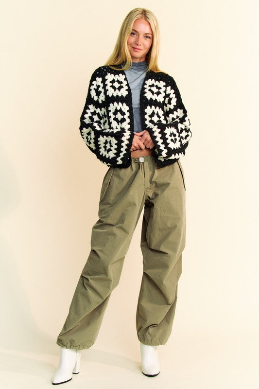 Davi & Dani Full Size Two Tone Flower Square Crochet Open Front Cardigan - The Goddess Galleries