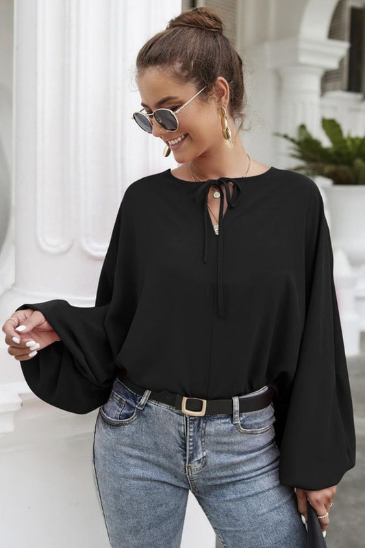 Tie Neck Balloon Sleeve Blouse - The Goddess Galleries