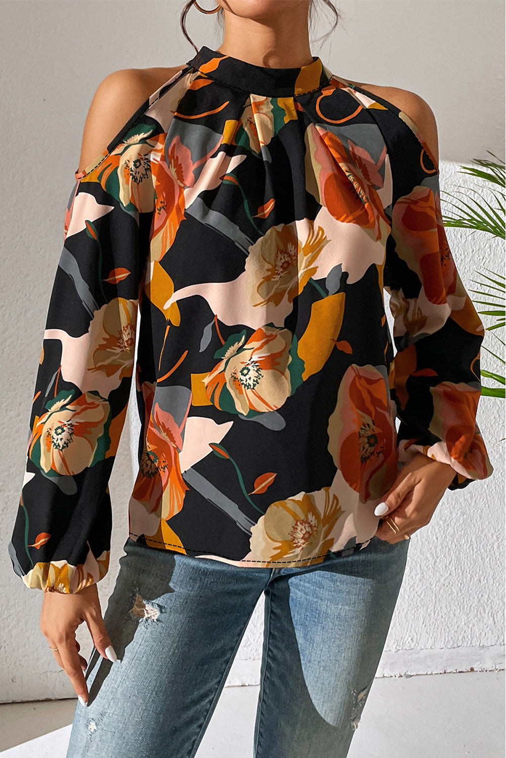 Floral Cold Shoulder Balloon Sleeve Blouse - The Goddess Galleries