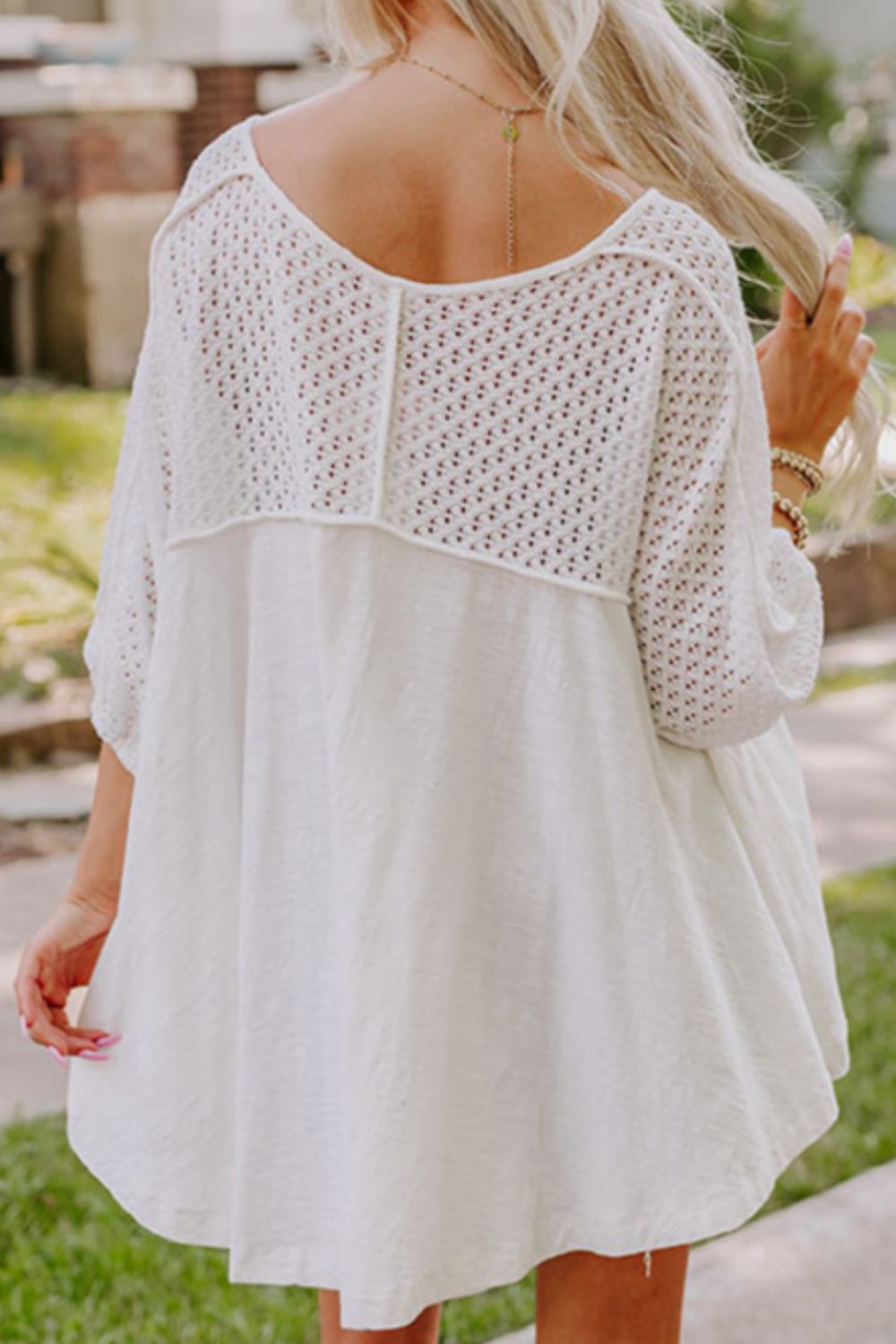 Openwork High Low Hem V Neck Oversized Top - The Goddess Galleries