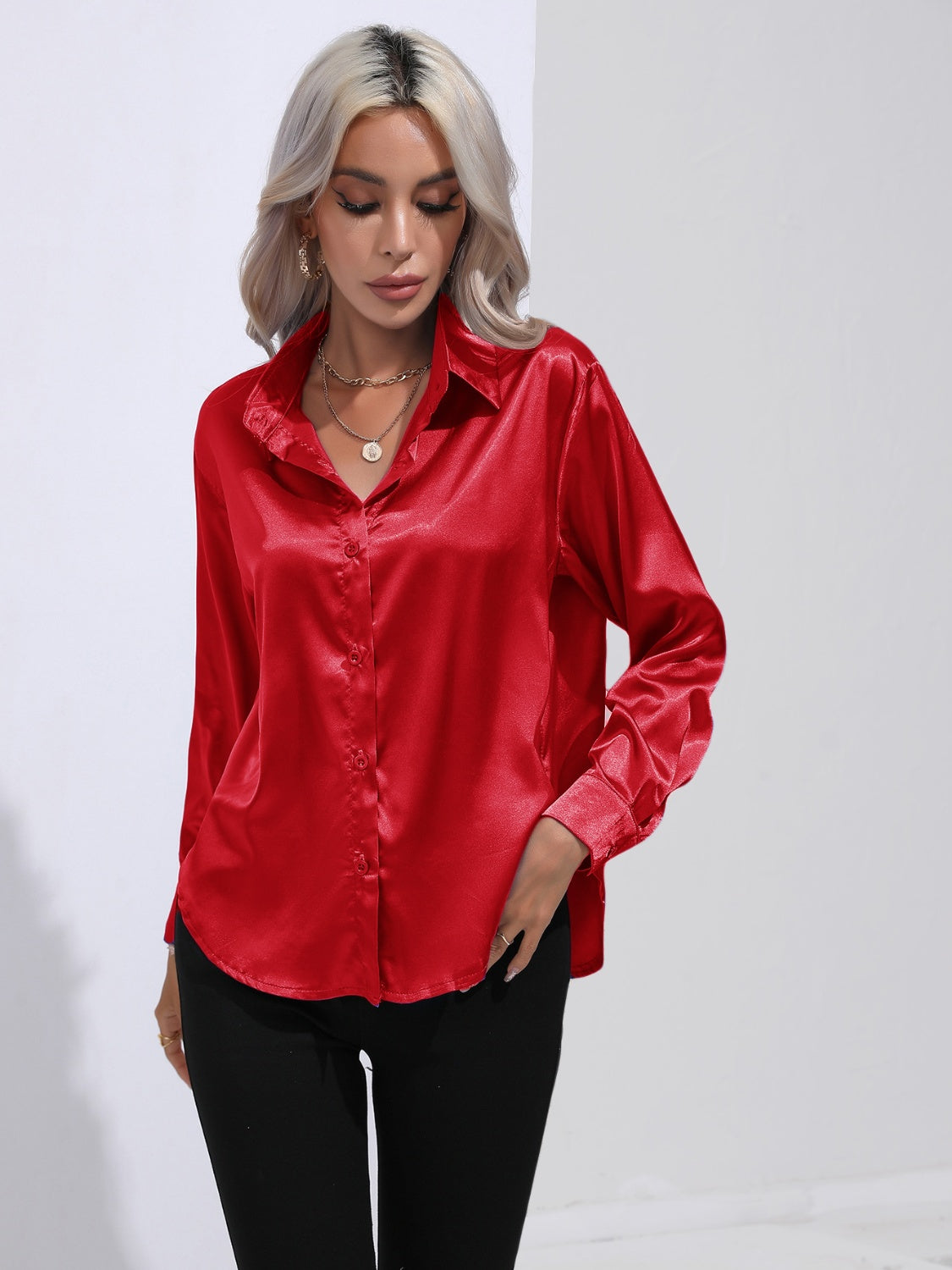 Collared Neck Buttoned Long Sleeve Shirt - The Goddess Galleries