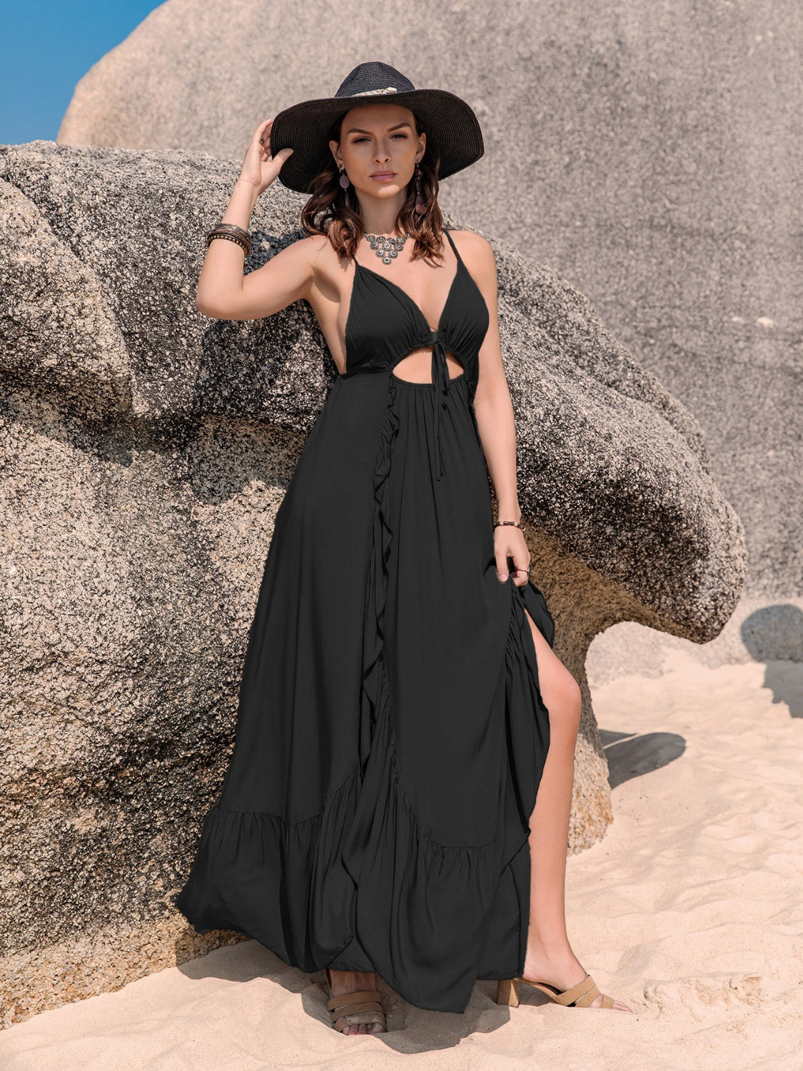 Crisscross Back Drawstring Ruffle Trim Maxi Dress - The Goddess Galleries