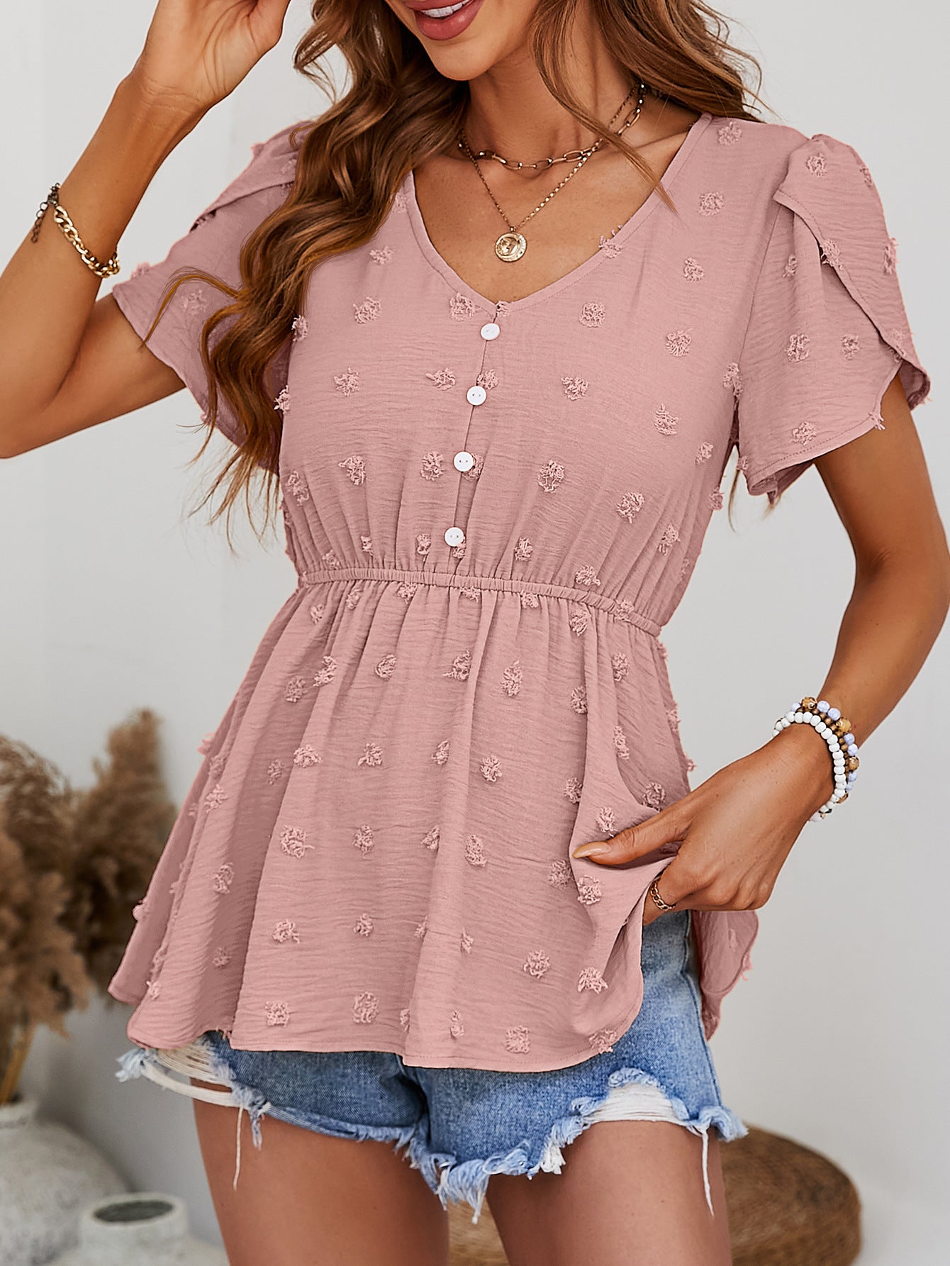 Swiss Dot Buttoned Petal Sleeve Peplum Blouse - The Goddess Galleries