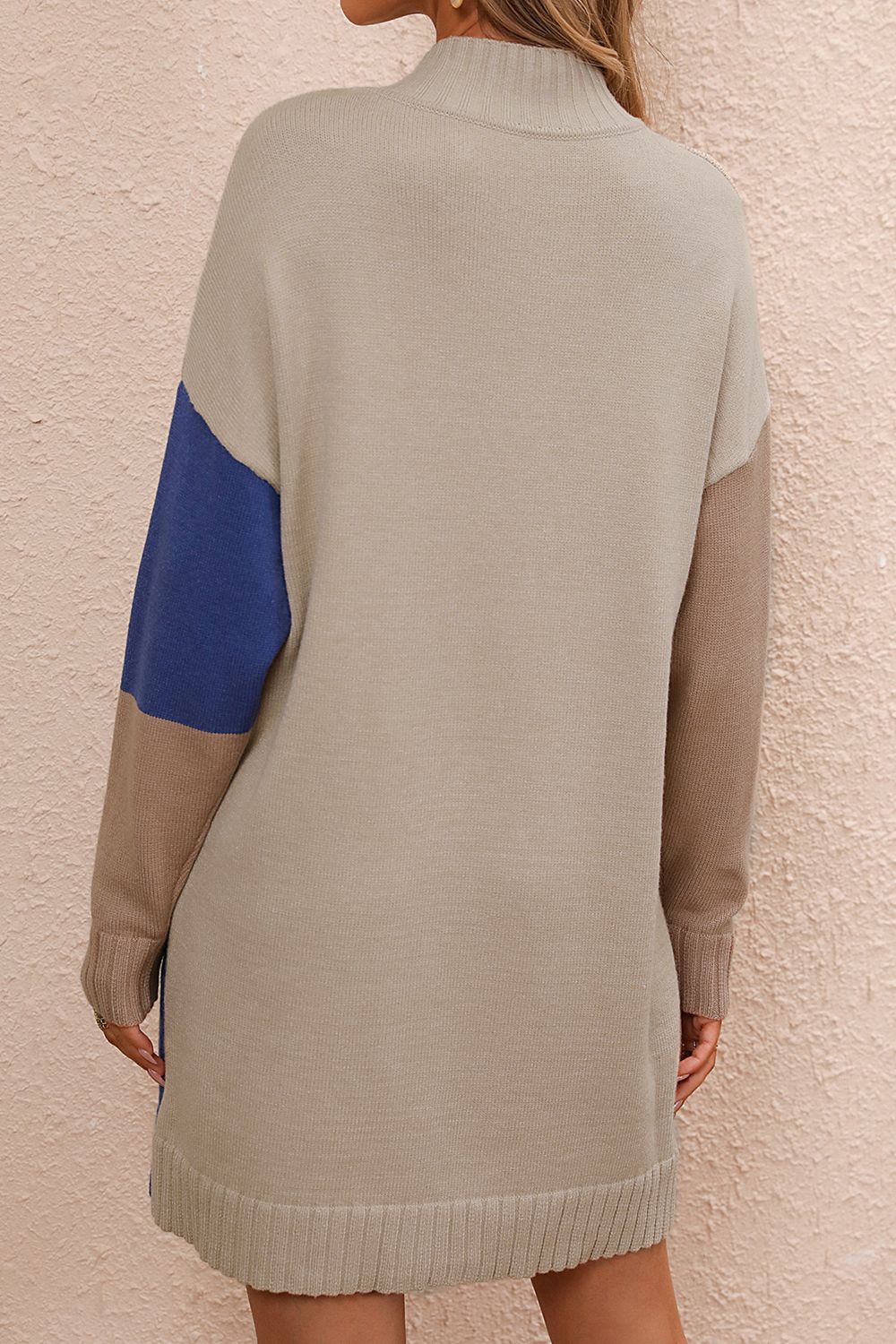 Color Block Mock Neck Dropped Shoulder Sweater Dress - The Goddess Galleries