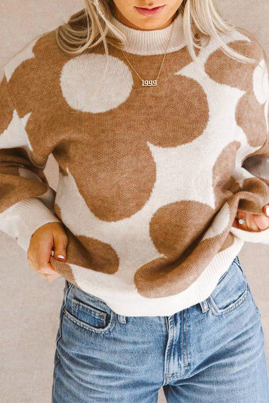 Contrast Flower Mock Neck Long Sleeve Sweater - The Goddess Galleries