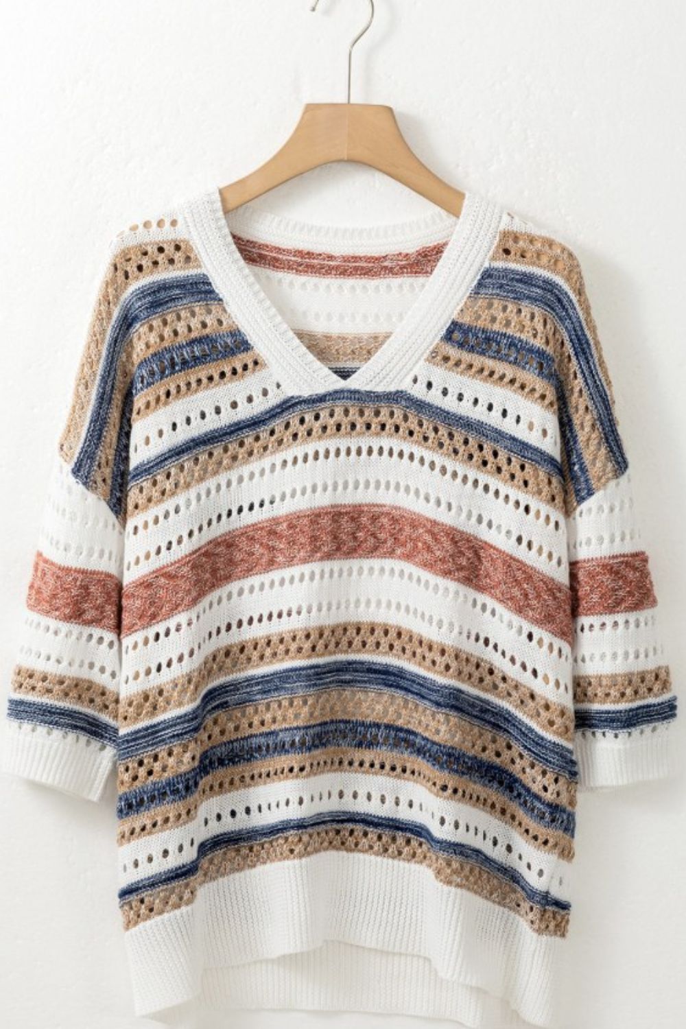 Striped Hollow Out Half Sleeve Knit Top - The Goddess Galleries
