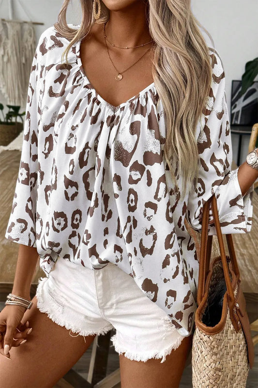 Leopard V-Neck Three-Quarter Sleeve Blouse - The Goddess Galleries