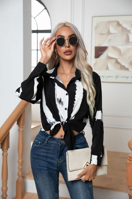 Button Down Printed Long Sleeve Shirt - The Goddess Galleries
