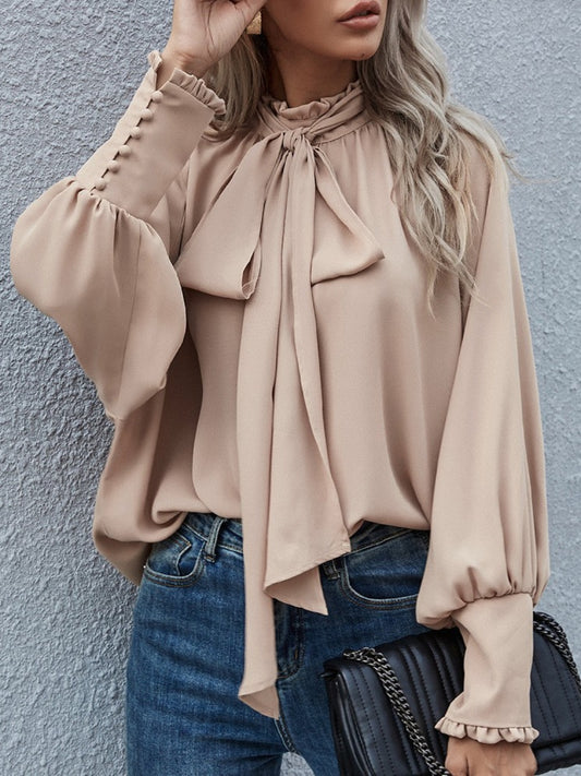 Tie Neck Lantern Sleeve Blouse - The Goddess Galleries