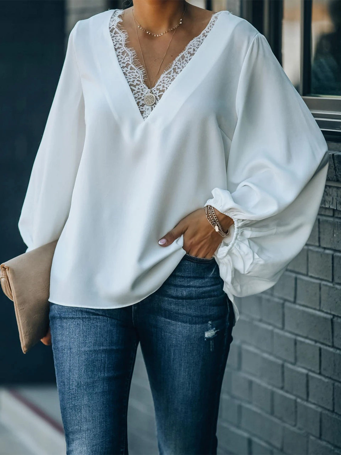 Lace Detail V-Neck Long Sleeve Blouse - The Goddess Galleries