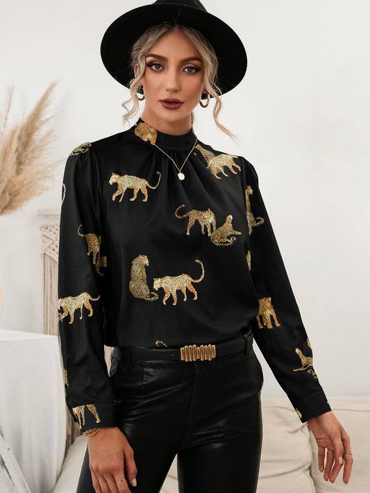 Ivy Lane Leopard Graphic Mock Neck Puff Sleeve Blouse - The Goddess Galleries