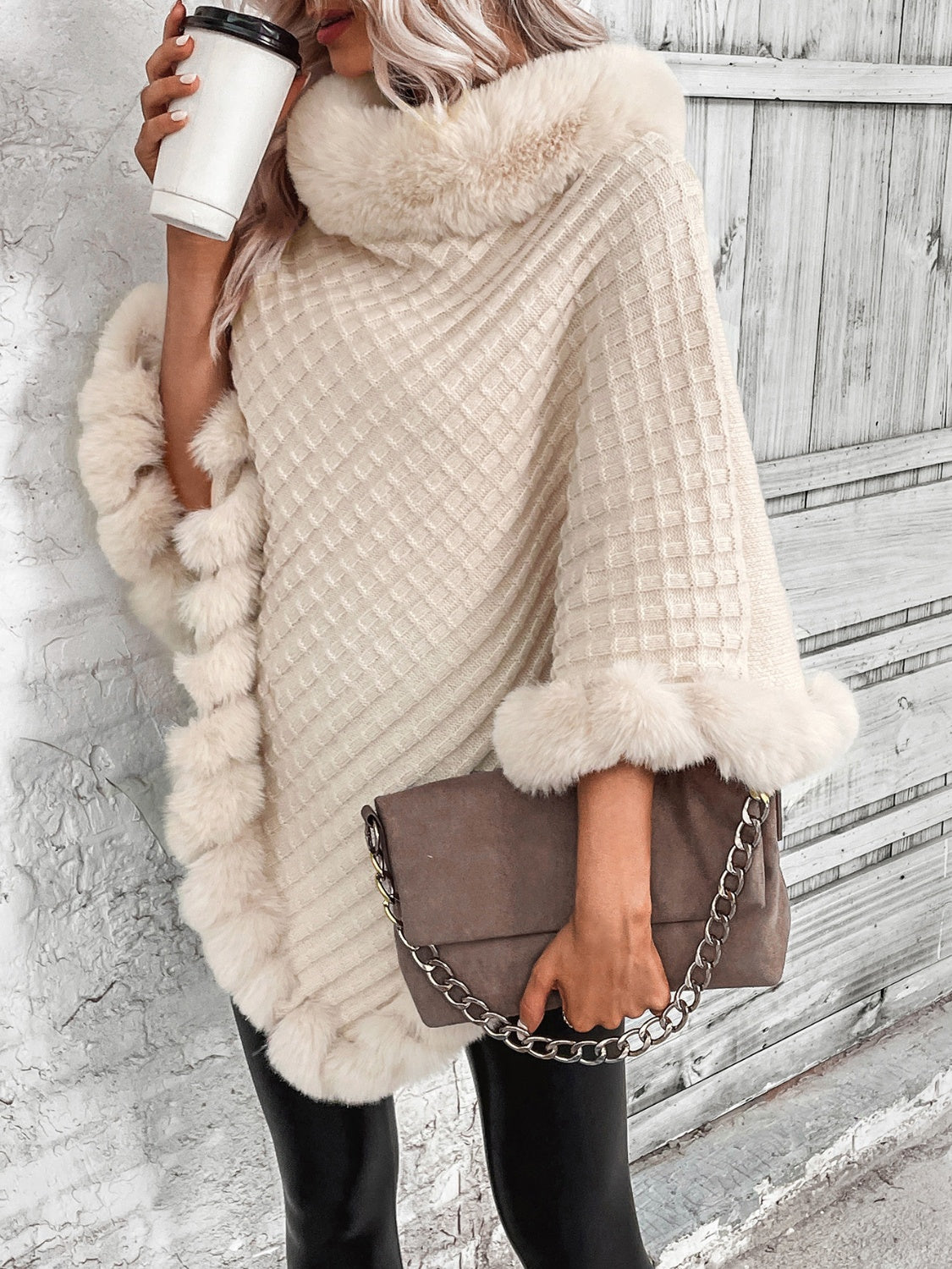 Faux Fur Trim Poncho - The Goddess Galleries
