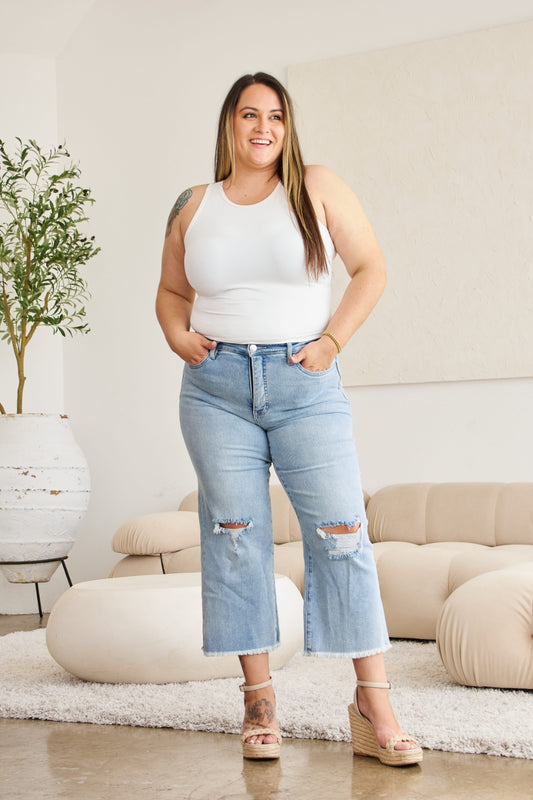 RFM Full Size Tummy Control High Waist Raw Hem Distressed Jeans - The Goddess Galleries