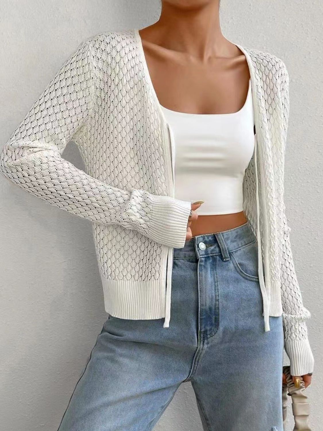 Tied Openwork V-Neck Long Sleeve Cardigan - The Goddess Galleries