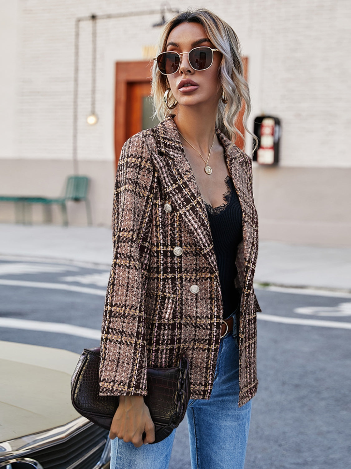 Full Size Plaid Lapel Collar Blazer - The Goddess Galleries