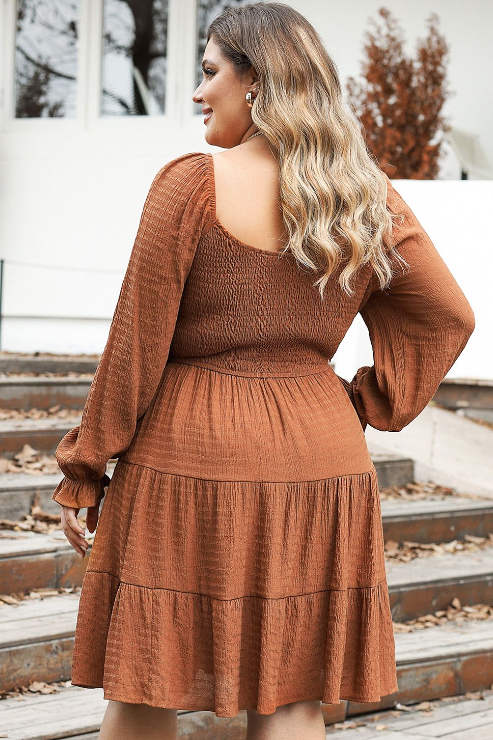 Plus Size Smocked Square Neck Tiered Dress - The Goddess Galleries