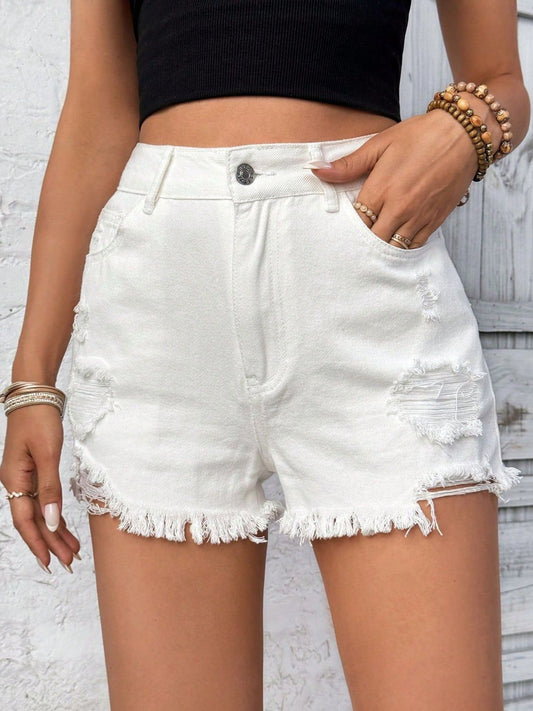 Distressed Raw Hem High Rise Denim Shorts - The Goddess Galleries
