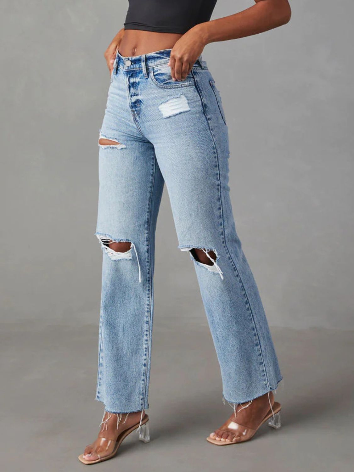 Distressed Straight Leg Jeans with Pockets - The Goddess Galleries