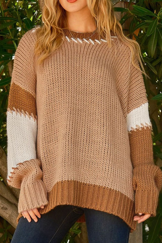 Color Block Round Neck Dropped Shoulder Sweater - The Goddess Galleries