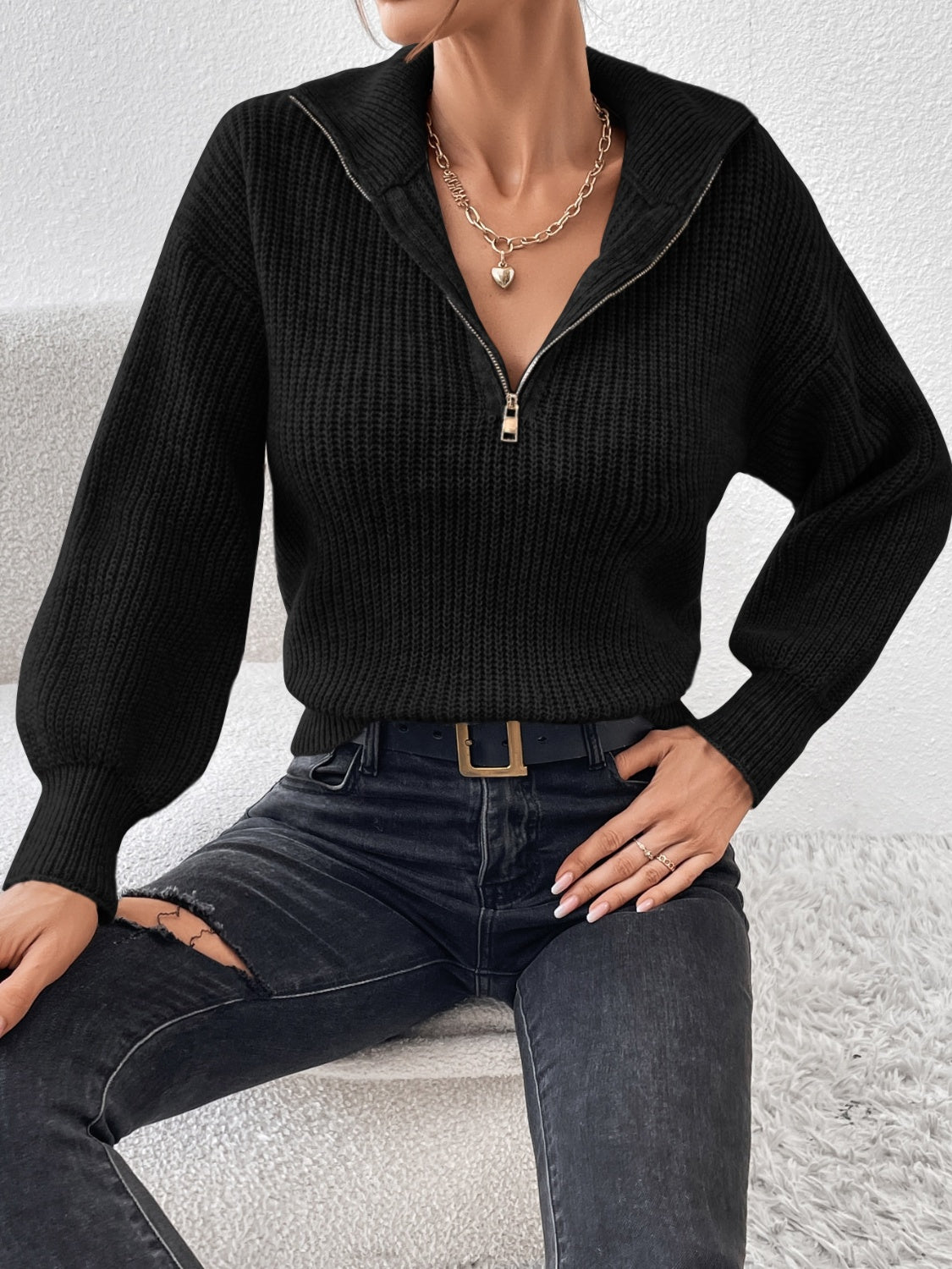 Honey Half Zip Dropped Shoulder Sweater - The Goddess Galleries