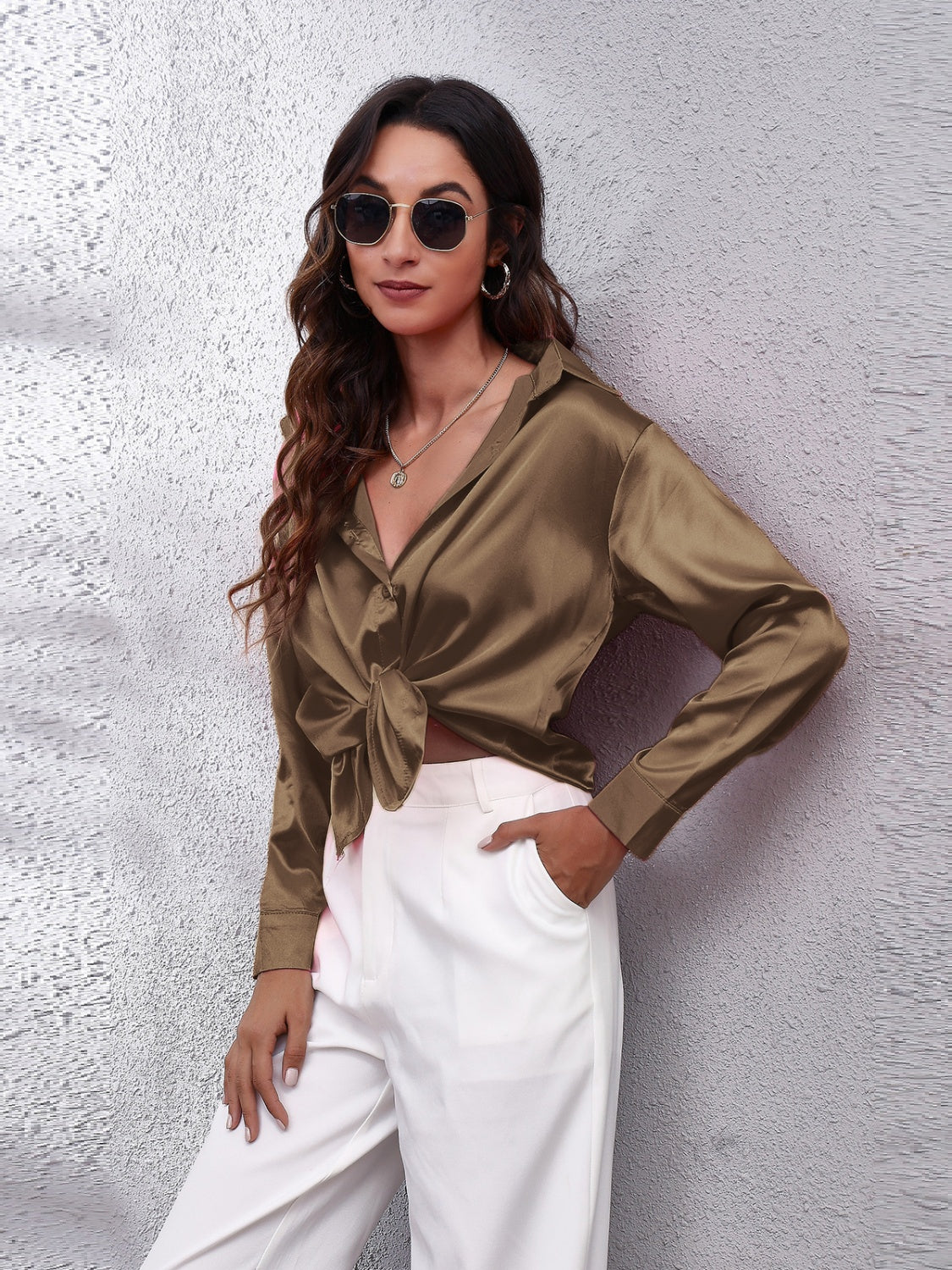 Collared Neck Buttoned Long Sleeve Shirt - The Goddess Galleries