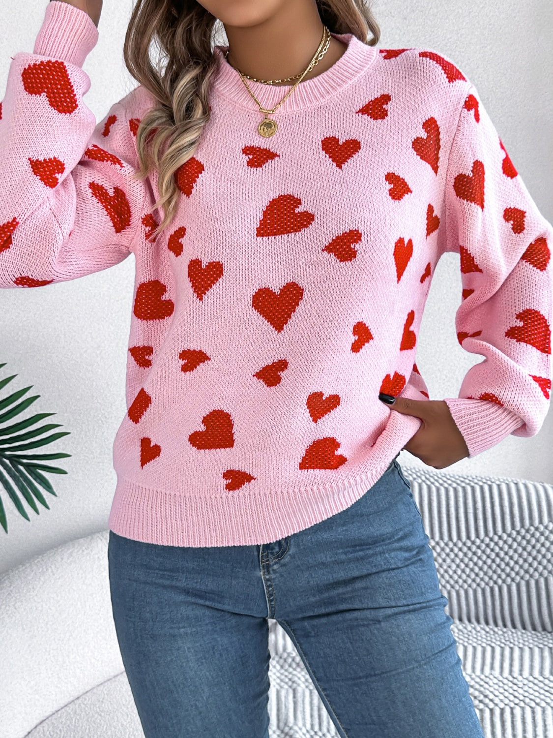Heart Round Neck Long Sleeve Sweater - The Goddess Galleries