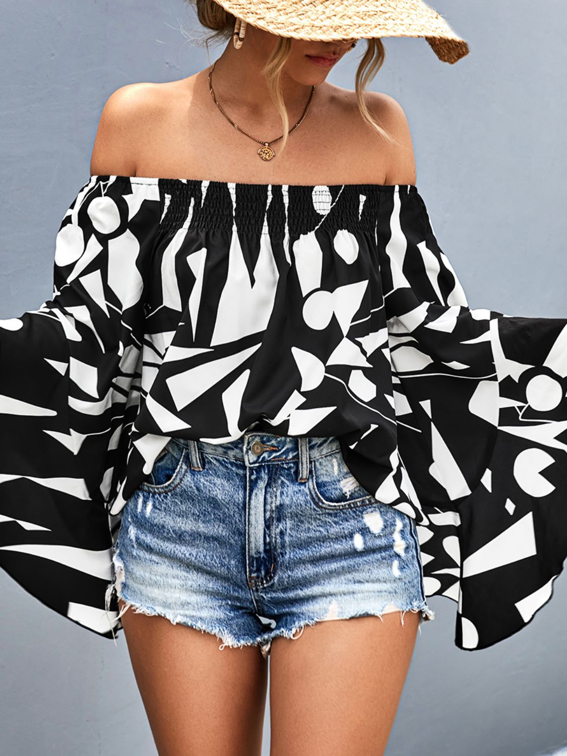 Printed Off-Shoulder Bell Sleeve Blouse - The Goddess Galleries