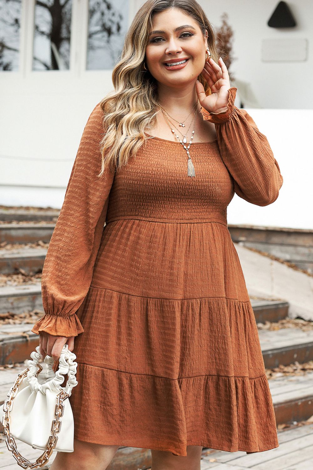 Plus Size Smocked Square Neck Tiered Dress - The Goddess Galleries