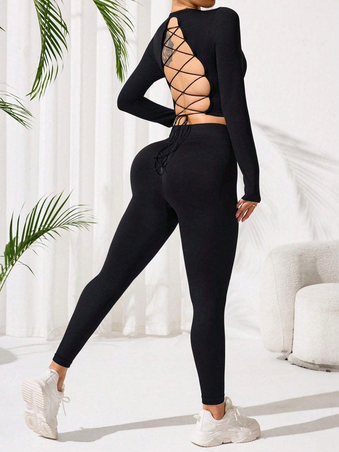 Lace-Up Back Round Neck Top and Leggings Active Set - The Goddess Galleries