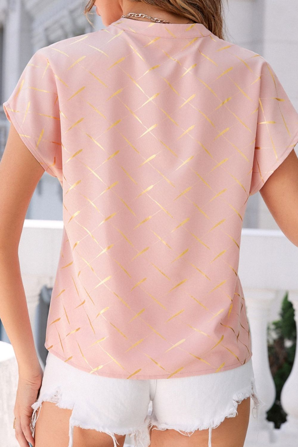 Printed Notched Short Sleeve Blouse - The Goddess Galleries