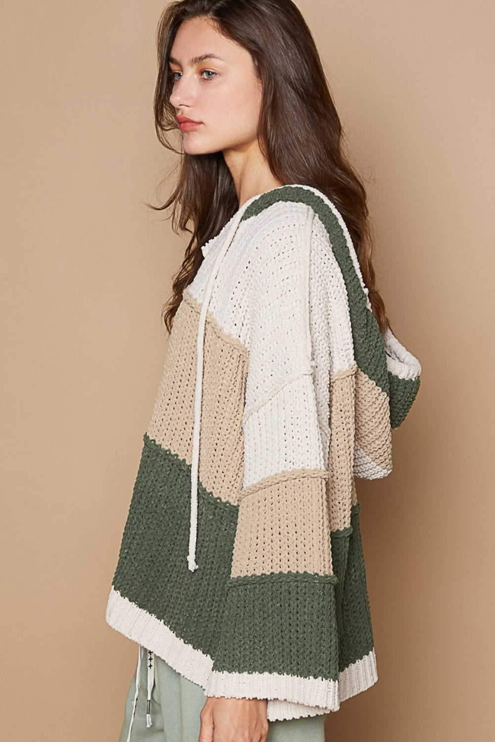 POL Color Block Long Sleeve Hooded Sweater - The Goddess Galleries