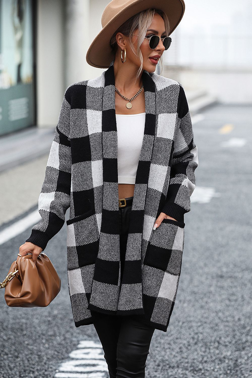 Plaid Dropped Shoulder Cardigan with Pocket - The Goddess Galleries