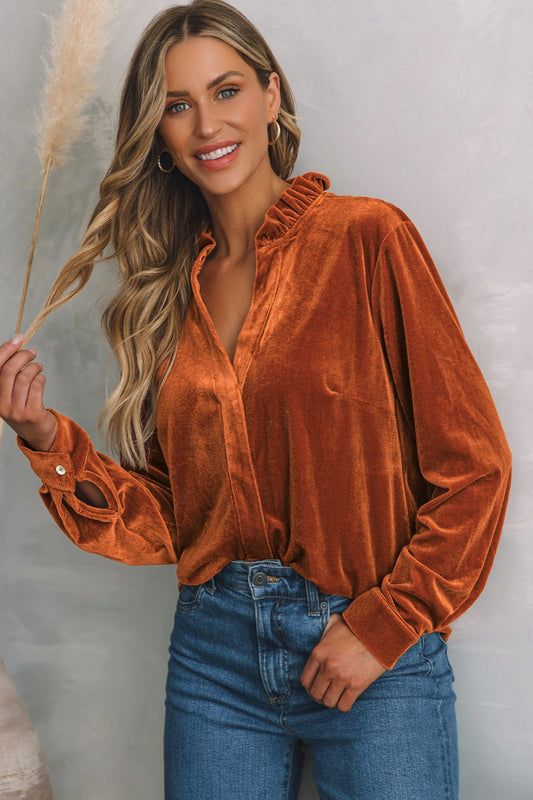 Notched Frill Detail Long Sleeve Blouse - The Goddess Galleries