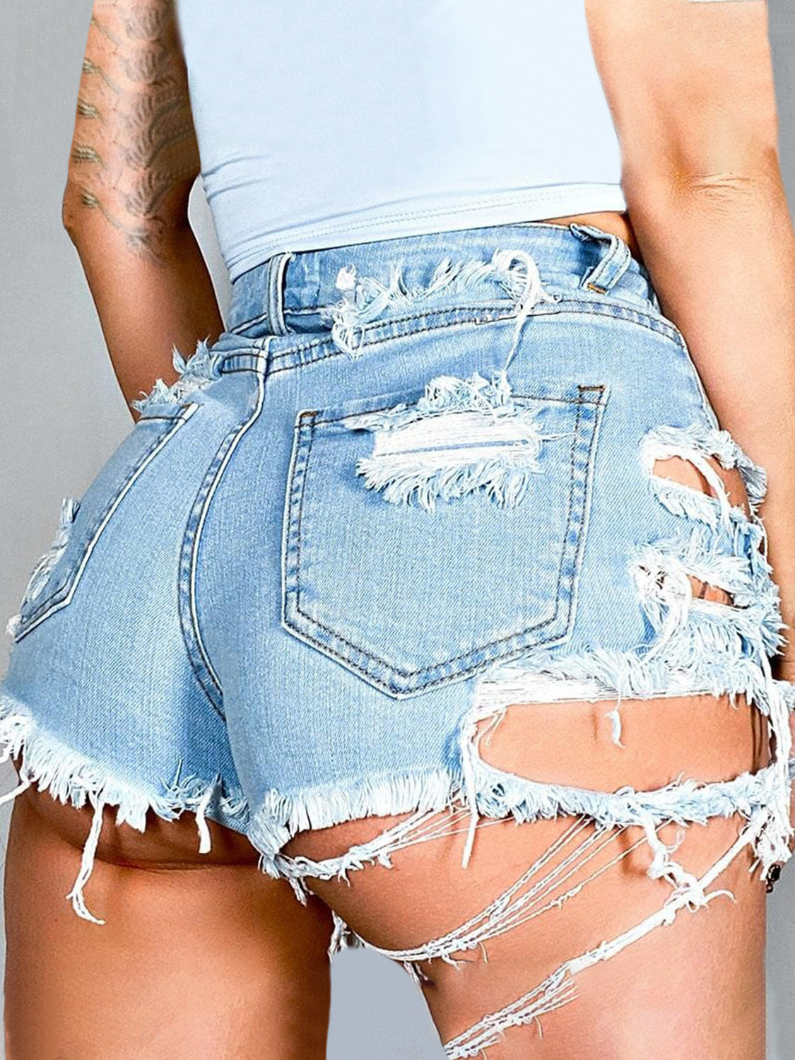Distressed Raw Hem Denim Shorts with Pockets - The Goddess Galleries