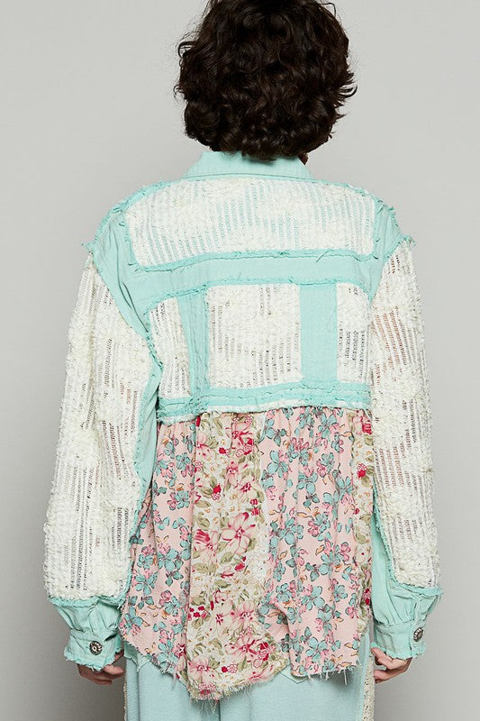 POL Floral Crochet Lace Frayed Edge Button Up Shacket - The Goddess Galleries