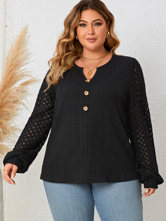 Honey Plus Size Openwork Notched Button Front Blouse - The Goddess Galleries