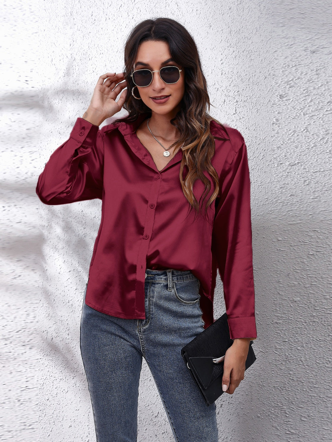 Collared Neck Buttoned Long Sleeve Shirt - The Goddess Galleries