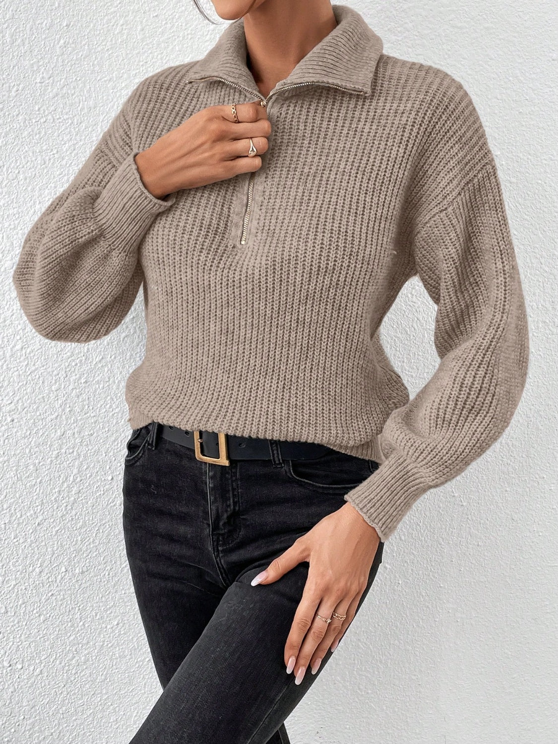 Honey Half Zip Dropped Shoulder Sweater - The Goddess Galleries