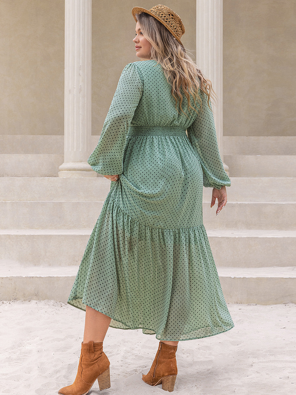 Plus Size Tassel Printed Tie Neck Long Sleeve Midi Dress - The Goddess Galleries