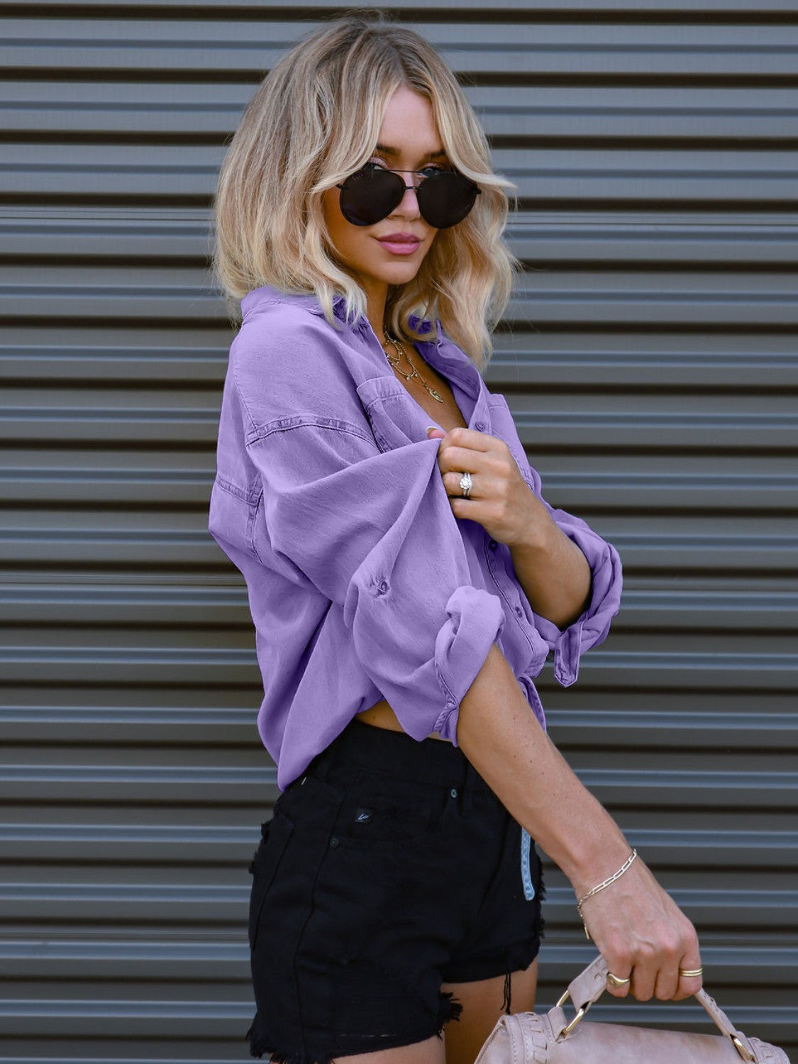 Drawstring Pocketed Button Up Denim Top - The Goddess Galleries