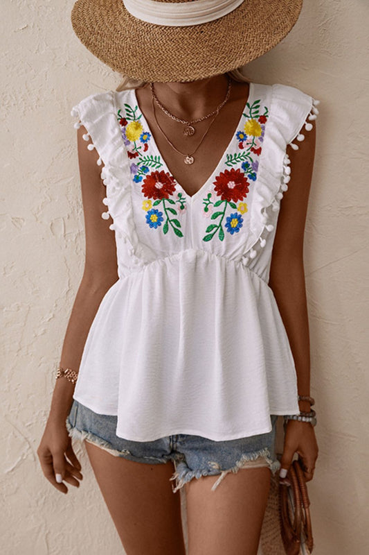 Perfee Embroidered Pom-Pom Trim Cap Sleeve Babydoll Top - The Goddess Galleries