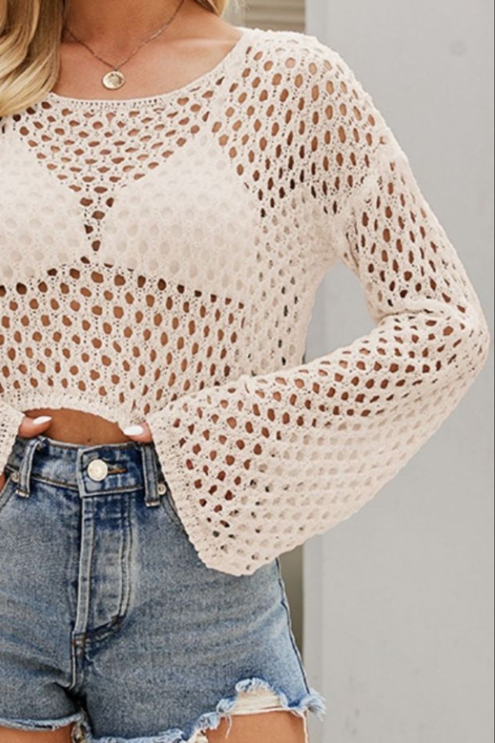 Openwork Round Neck Dropped Shoulder Knit Top - The Goddess Galleries