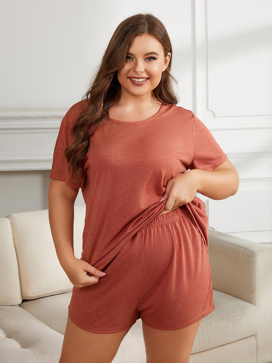 Plus Size Round Neck Short Sleeve Two-Piece Loungewear Set - The Goddess Galleries