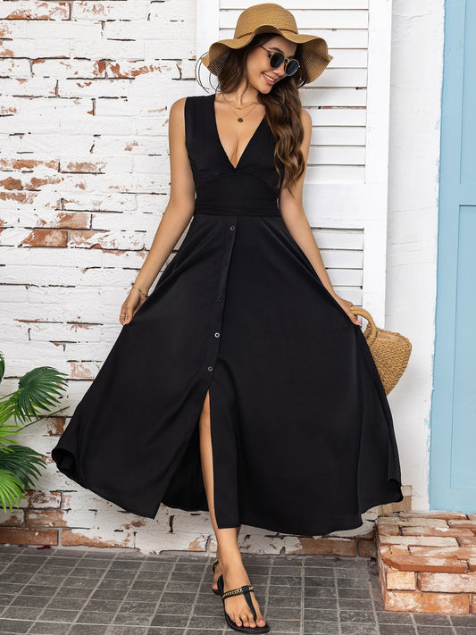 Full Size Slit V-Neck Sleeveless Midi Dress - The Goddess Galleries
